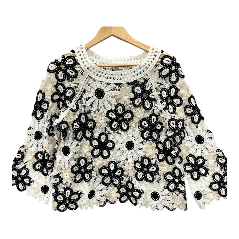 Cato Women Black White Tan Floral Crochet Knit Lace Top 3/4 Sleeve Small Boho